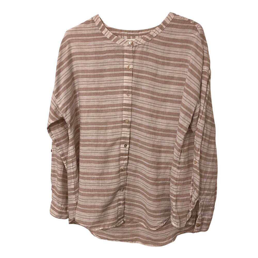 ST TROPEZ WEST Linen Blouse Medium White Beige Striped Coastal Quiet Luxury